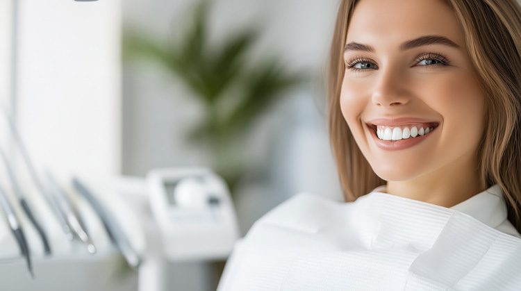 Smiling woman in a dental chair at a modern clinic.