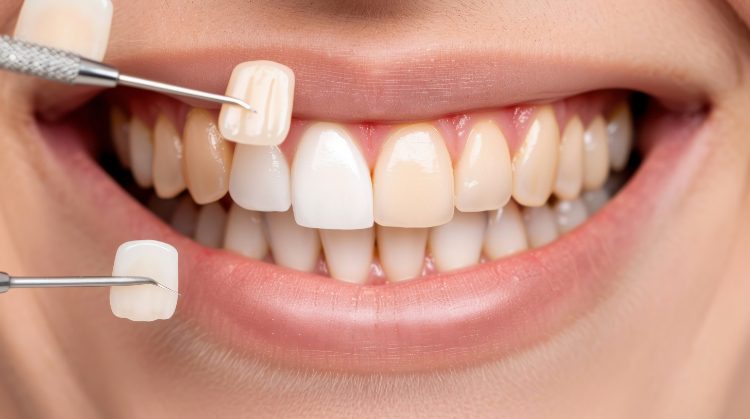 Teeth with veneers being matched for color, showing the difference between veneers vs bonding